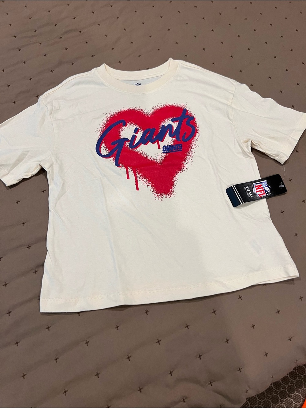NFL Kids White Tee with Red Heart and Blue 'Giants' Script